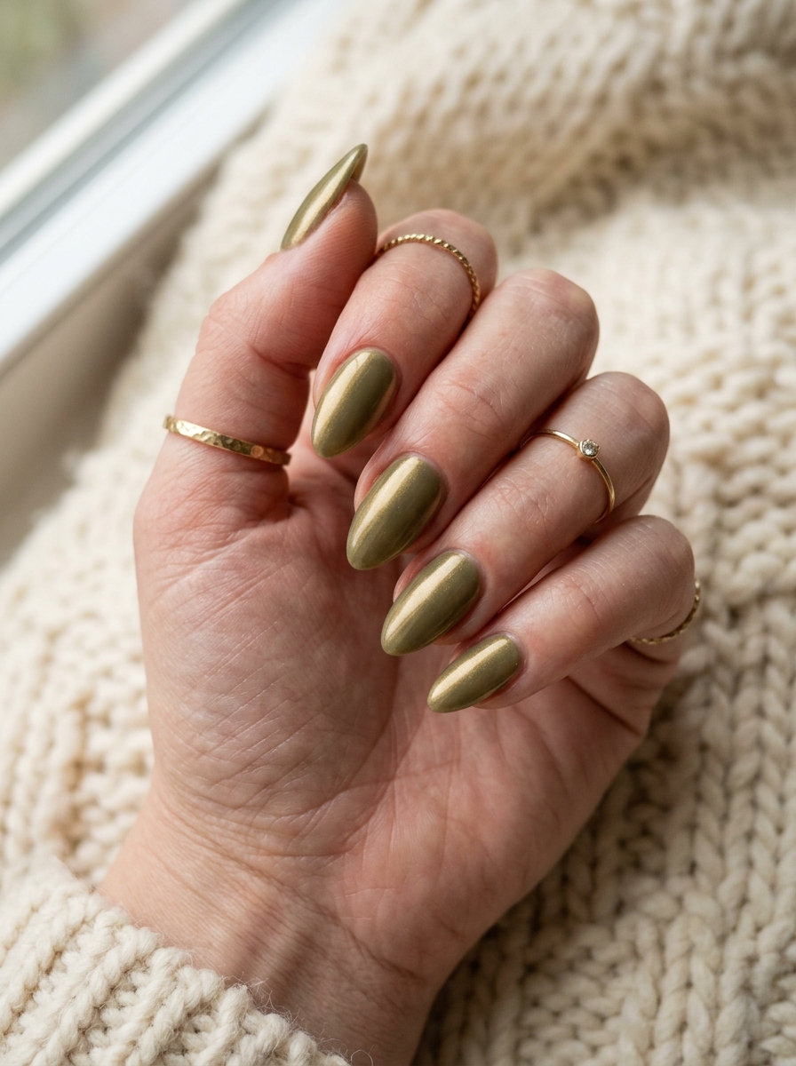 Olive Gold Chrome Nails mit edlem Chrome-Schimmer für den Herbst 2026